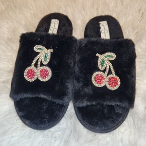 Jessica Simpson Black Furry Slippers with Cherry Embellishments